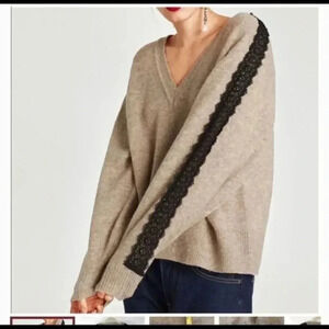 Zara Black Lace Trim Oversized V.neck sweater